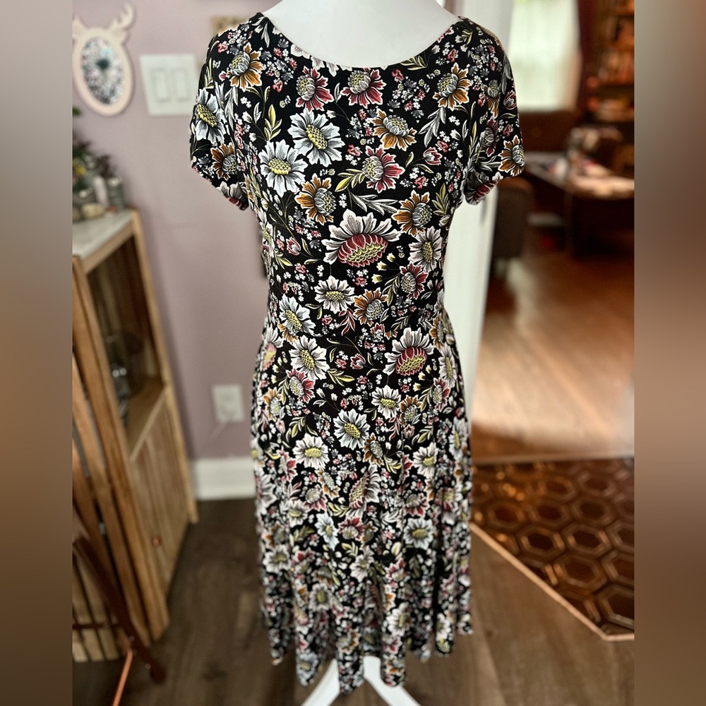 LOFT Black Floral Midi Dress